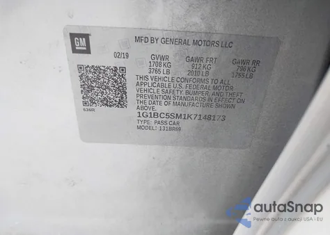 2019 Chevrolet Cruze Ls z USA, uszkodzony, nr VIN 1G1BC5SM1K7148173